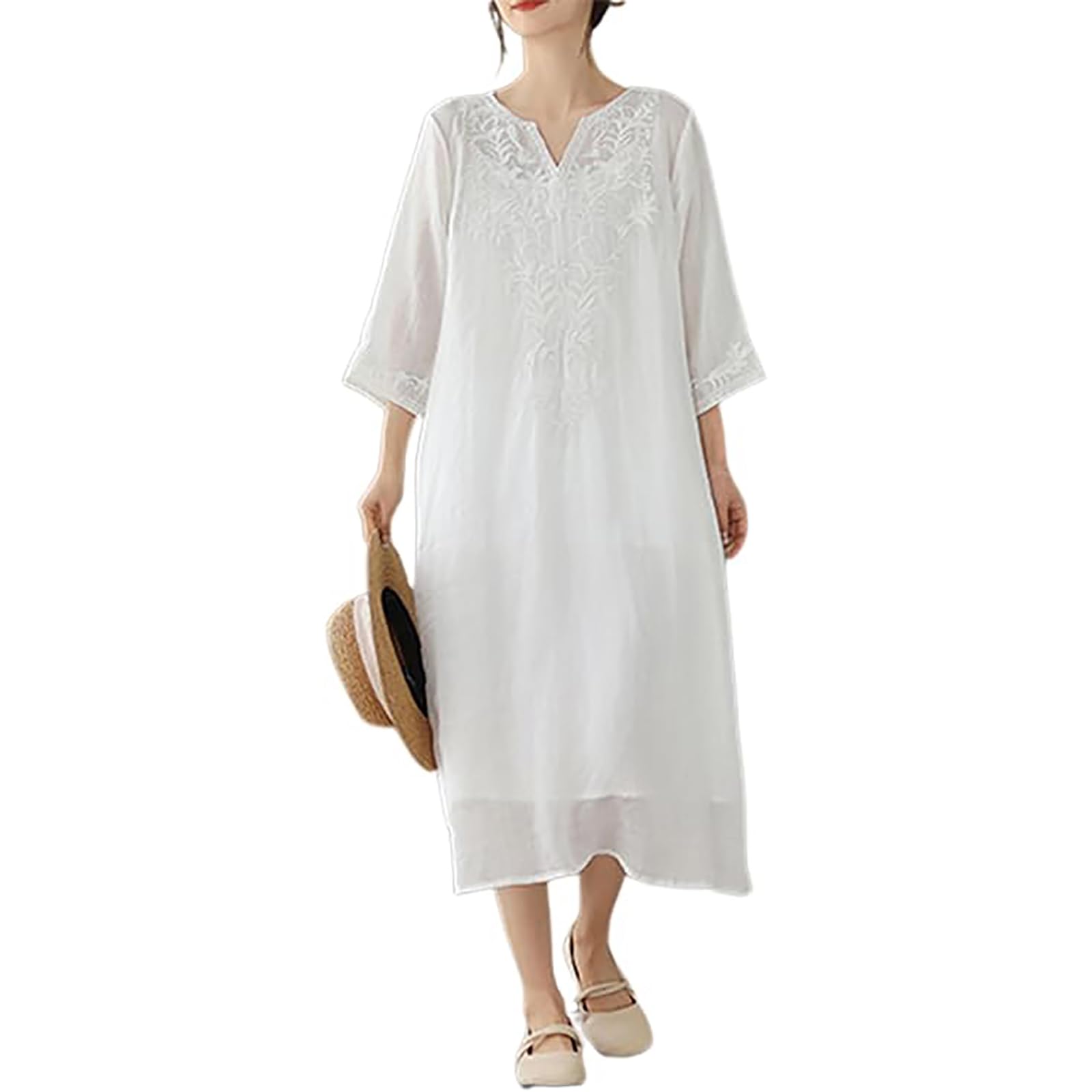 Qurlon Vestido de lino bordado de ajuste holgado para mujer, bordado floral, casual y cómodo, mezcla de algodón y lino