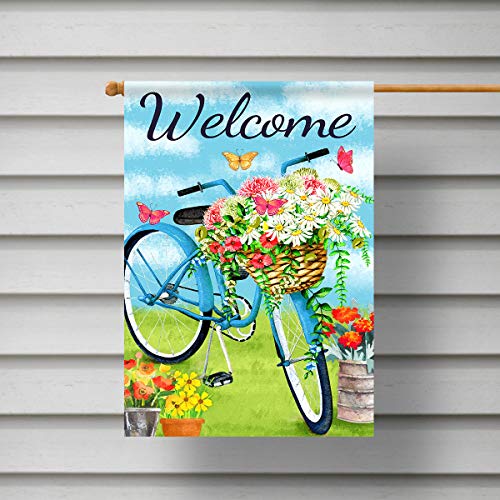 Texupday Welcome Blue Bicycle Flower Blooms Butterfly Decoration Spring House Flag Outdoor Yard Flag 28" X 40" #TOP4