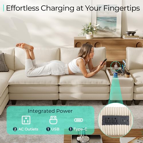 LINSY HOME Modular Sectional Sofa for Living Room, Corduroy Cloud Couch with Storage Console, USB Charging, Cup Holders, Comfy Modern Modular Cloud Couches with Movable Ottoman (Beige) by LINSY HOME - Used condition - Image 4