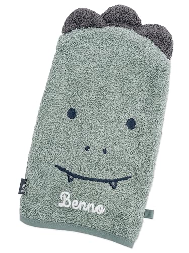 wunderwunsch Jollein Waschhandschuh Baby personalisiert, Waschhandschuhe Kinder, Waschlappen, Babywaschlappen, individualisiert mit Wunschnamen, waschbar, Bio Baumwolle (Dino, mit Name)