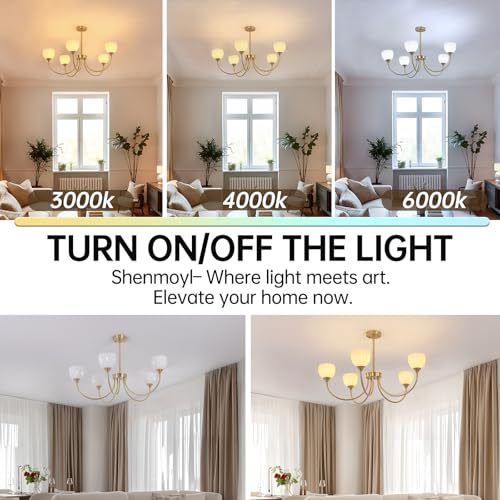 Image of Shenmoyl 30.31 inch Brass Gold 5-Light Chandelier, 5-Arm White Tulip Glass Pendant Light Fixture, Height Adjustable Vintage Branch Chandelier for Dining Room Living Room Kitchen Island Farmhouse