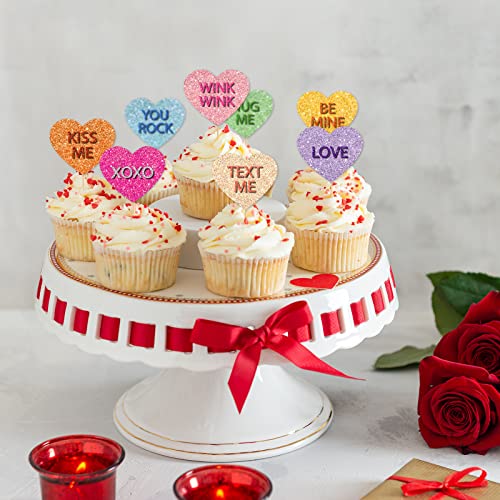 Whaline 48Pcs Glitter Heart Cupcake Topper With Sticks Glue Point Double-Layer Valentine Conversation Heart Cupcake Picks For Valentine's Day Anniversary Wedding Party Supplies Cake Decorations #TOP6