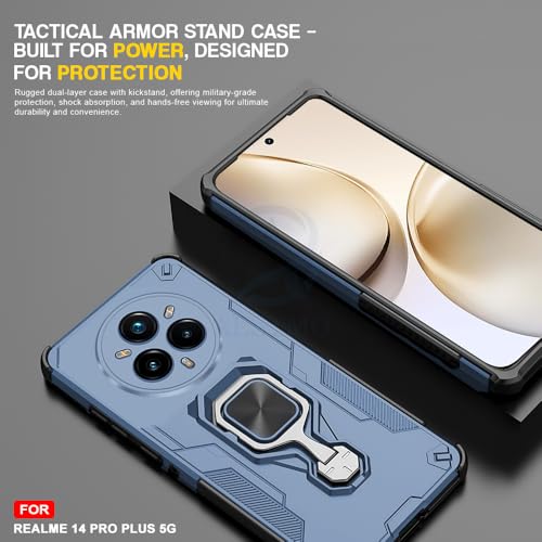 Image of AESTMO Armor Back Cover for Realme 14 Pro Plus 5G | Ring Holder & Kickstand & Camera Protection in-Built | 360 Degree Protection Back Case Cover (Blue)