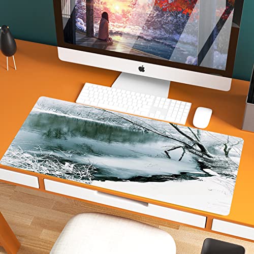 Large Gaming Mouse Mat, 80 x 40 cm Extended Large Size Mouse Pad,Nature,Winter Forest with Frozen Snowy Foliage Grass Icy Tree Branches Lak,Non-slip Rubber base, Compatible with Laser and Optical Mice