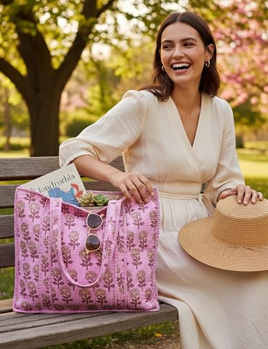 Cotton Quilted Tote Bag for Women – Large Beach & Travel Tote with Zipper, Reusable Grocery Bag2