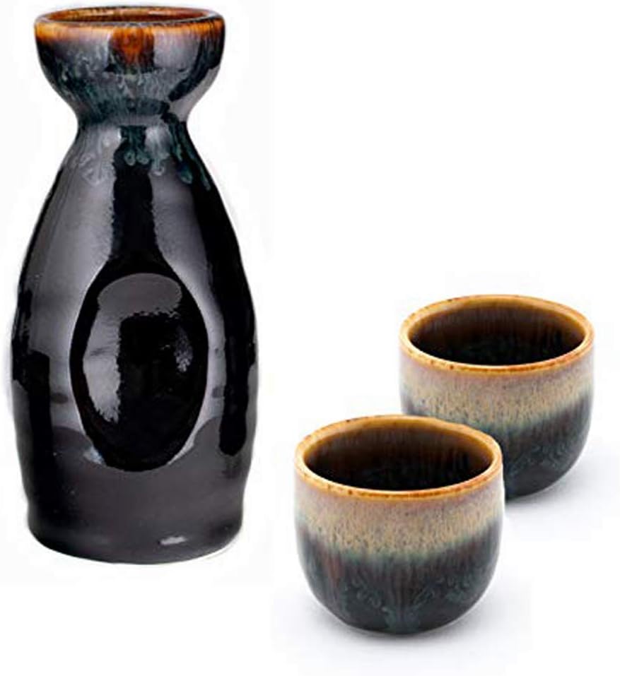Happy Sales HSSK-TO3WF, Japanese Design Ceramic Sake Set Tokkuri 5 fl oz Bottle with Two Sake Ochoko Cups 2 fl oz (BlackBrown)