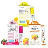 TEAZEN Kombucha Tea 20 Sticks Lemon, Berry Flavor & Energy Tea Powder 10 Sticks