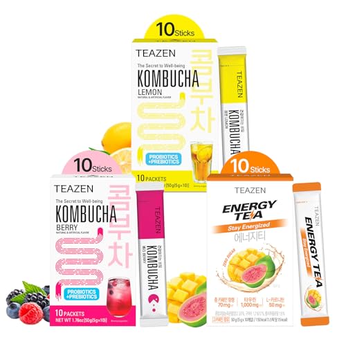 TEAZEN Kombucha Tea 20 Sticks Lemon, Berry Flavor & Energy Tea Powder 10 Sticks