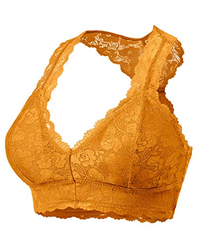 6324 Women s Sexy Racerback Lace Bralette Bustier Breathable Crop Top Lace Bra ASH Mustard 1XL