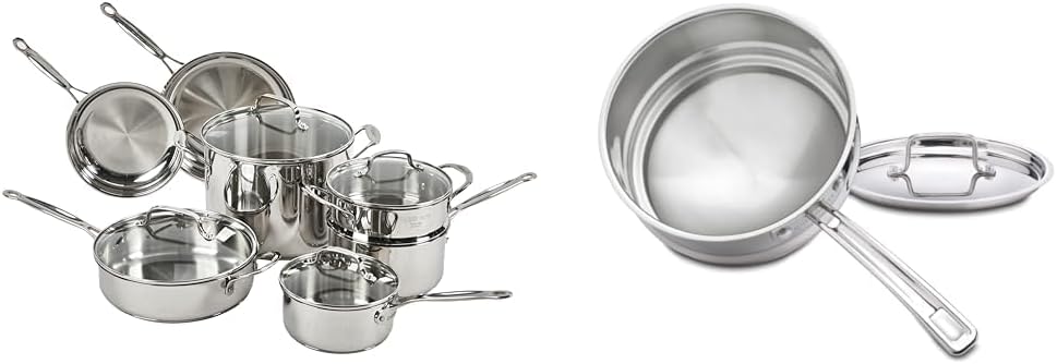 Cuisinart 11-Piece Cookware Set, Chefs Classic Stainless Steel Collection 77-11G & MCP111-20N MultiClad Pro Stainless Skillet, 20-cm, Universal Double Boiler w/Cover