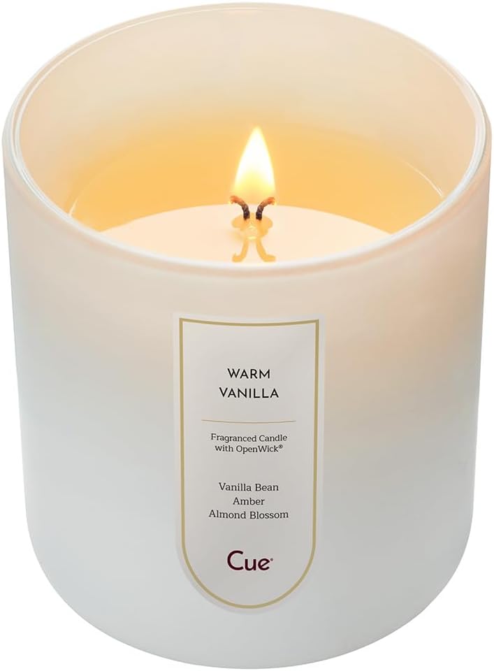CUE Warm Vanilla Scented Candle |Soy Coconut Wax Blend | 70 Hour Burn Time | 14oz White Color