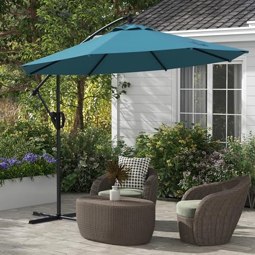 Outsunny 3(M) Cantilever Parasol With Cross Base, Banana Parasol With Crank Handle, Tilt And 8 Ribs, Round Hanging Patio Umbrella For Outdoor Pool, Garden, Balcony, Blue - 2
