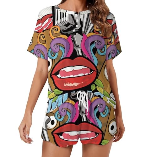 Pyjama femme motif musique vêtement de nuit manches courtes fluide et frais