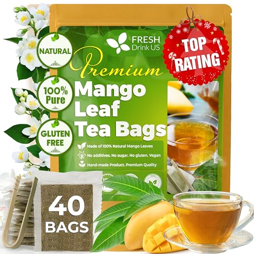 Image of FreshDrinkUS, Premium 40 Mango Leaf Tea Bags, 100% Natural& Pure from Mango Leaves. Herbal Tea. No Sugar, No Caffeine, No Gluten, Vegan.
