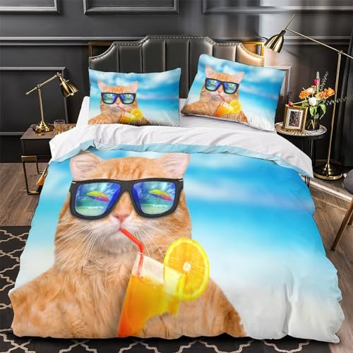 Housse de couette chat 3D parure de lit microfibre 200x200 fermeture éclair