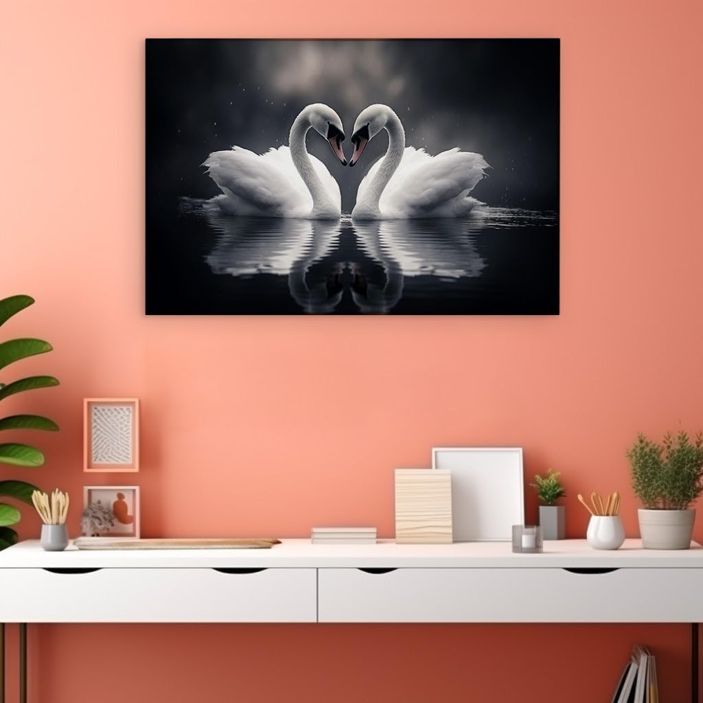 Canvas for Living room. Swan Silhouettes Weave a Heart on Tranquil Waters, 27 x 18 inch Canvas Wall Art - Contemporary Masterpieces - Modern Home Decor - 69x46 cm (27x18 inch)
