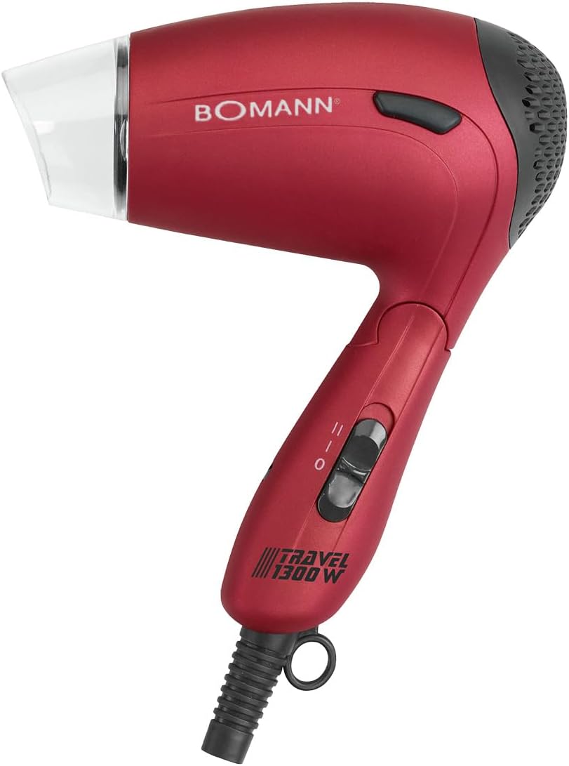 Bomann HTD 8005 CB compatker reishaardroger, 2 temperatuur-/vermogensniveaus, klapgreep, vormmondstuk 360° draaibaar (afneembaar), soft touch behuizing, incl. volumediffusor, rood