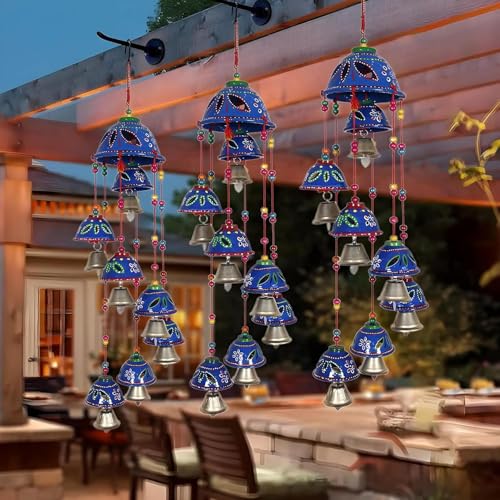 Image of Bindian Rajasthani Handcrafted 8-Bell Hanging Windchimes | Traditional Plastic Latkan for Home Decor, Vastu & Positive Energy | Elegant Wall Hanging for Balcony, Living Room (Blue-2)