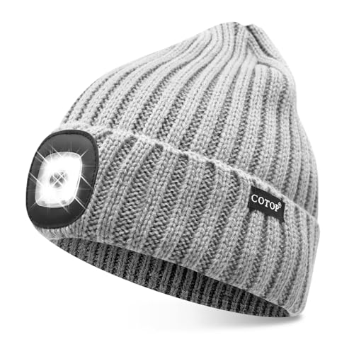 COTOP LED Beanie with Light,USB Rechargeable Hat Hands Free 4 LED Headlamp Cap Winter Knitted Night Lighted Hat Flashlight Women Men Gifts for Dad Him Husband Gray