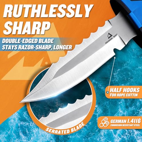 DRAGON RIOT Tauchermesser mit Beinholster, Outdoor Messer Feststehende, Scharfes Jagdmesser mit Holster, Allzweckmesser Cooles Camping Survival Messer Geschenk f ü r M ä nner