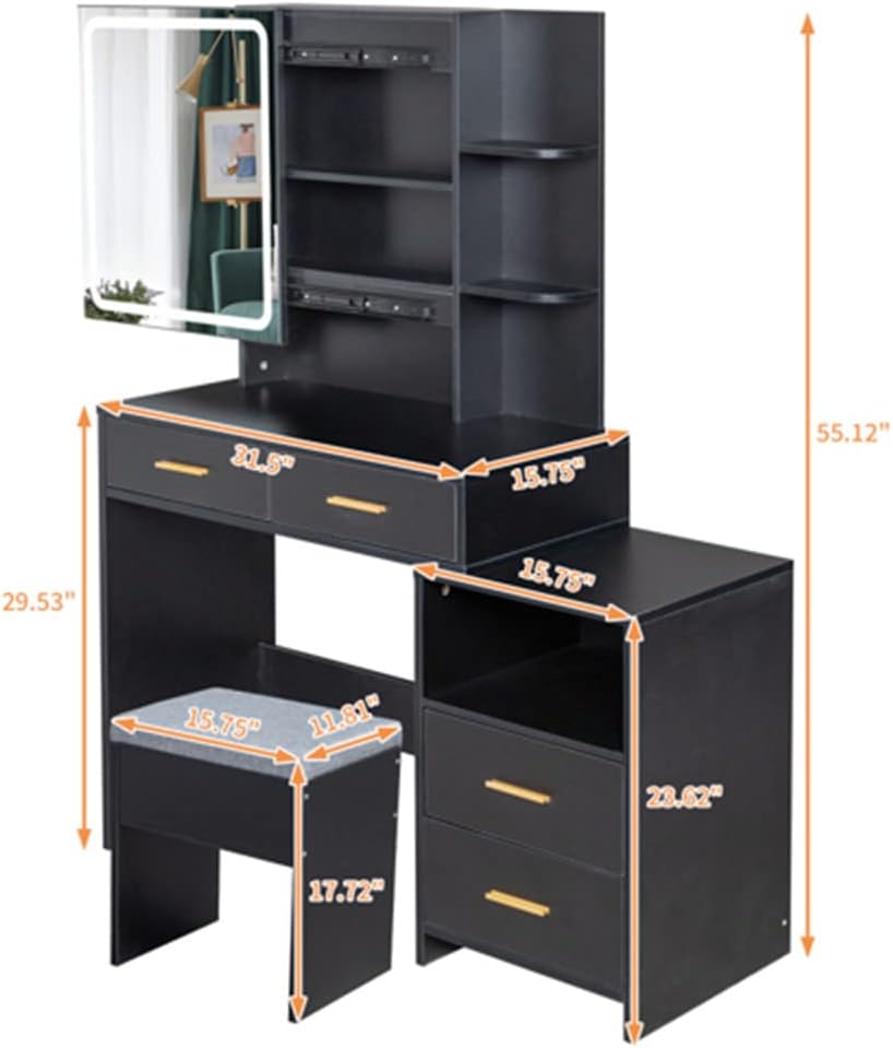 Lighted Mirror Vanity Table Set - Vanity Makeup Desk with Chair - Makeup Table with Adjustable 3-color LED Lights - Dressing Table with 4 Drawers, 2 Shelves, 1 Grid, 1 Sliding Mirror Cabinet - Black