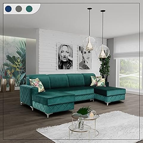 SLIDING WARDROBE 4U Borys Velvet Small and Large Size L-Shape Modern Corner Sofa Bed With Ottoman Storage (Green, Large) Cover