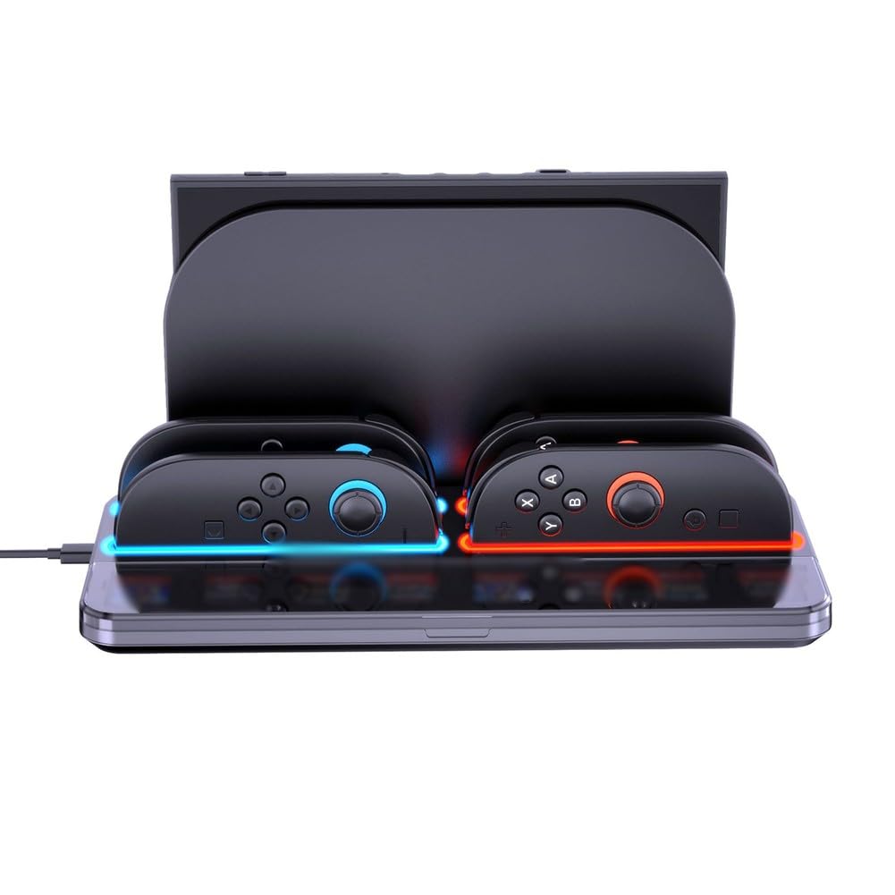 Base di ricarica per Nintendo Switch 2 con 4 porte, 8 schede di gioco, indicatore LED, costruzione ABS, design compatto, nero