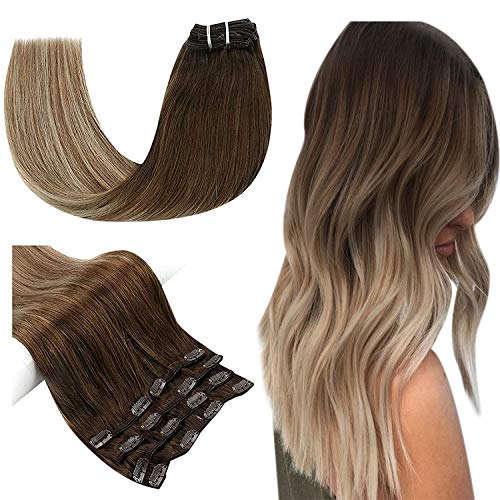 JoYoung Clip in Extensions Balayage Dark Brtown To Medium Brown with Golden Blonde Remy Clip in Hair Extensions,Balayage Clip Hair 16inch 120gram 7pcs