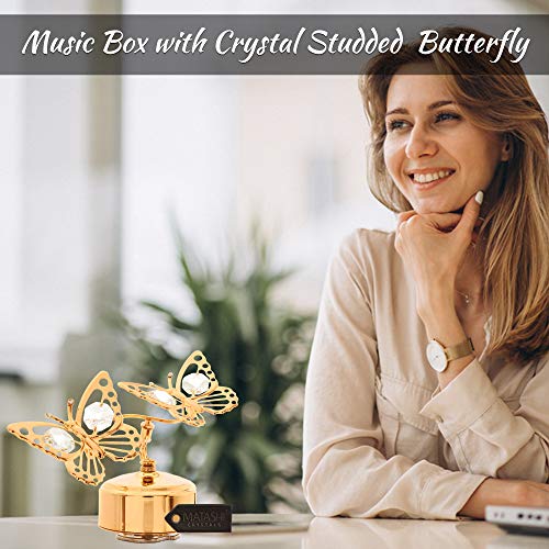 Matashi MTMB13621 24K Gold Plated Music Box with Crystal Studded Double Butterfly Figurine