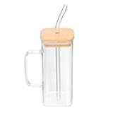 Glass Drinking Cup 400ML Square Glass Tumbler with Handle Clear Coffee Cups with Lids and Straws Portable Water Bottles Milk Jar Can hold various beverages. (Transparent)
