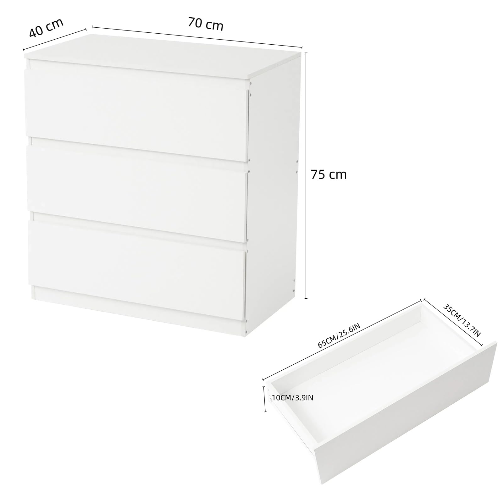 Mesita de noche blanca con 3 cajones, mesa auxiliar mesita de noche cómoda mueble de almacenamiento moderno para dormitorio, salón, oficina y entrada, 70 x 40 x 75 cm