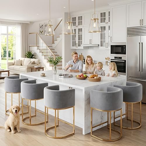 Image of HNY Modern Counter Height Velvet Fabric Upholstered Counter Stools Set of 2, 24 Inch Kitchen Island Stool with Gold Finish Metal Frame, Grey
