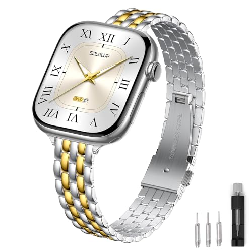 SOLOLUP Slim Metal Band Compatible With Apple Watch Bands for Women Series 11 10 9 8 7 6 5 4 3 SE 3/2/1,Thin Dressy Stainless Steel Strap Elegant Band for iWatch Bands 38mm 40mm 41mm 42mm,Silver-Gold - image 1
