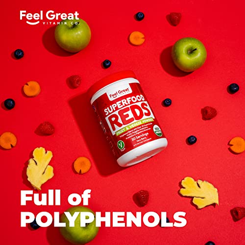 Superfood Reds Powder Fruit & Veggie Powder By Feel Great Vitamin Co. | Reds Superfood Powder With Beet Root Powder, Polyphenols, & Enzymes | Fruit Vegetable Supplements | Berry Flavor, (30 Servings) #TOP5