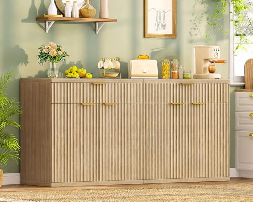 Image of TEENFON 31.5 inch W Fluted Buffet Cabinet with Storage, Sideboard Cabinet, Coffee Bar Cabinet with 2 Doors and Adjustable Shelf for Living Room, Kitchen, Entryway, Natural