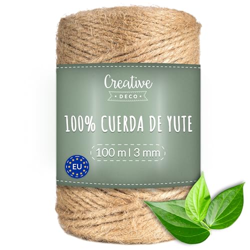 Creative Deco 100 m Cuerda de Yute 3mm Cordel Manualidades | Hilo Cordón Rollo Grande Marrón Natural Gruesa Fuerte, Embalaje, Decoración, Floristería, Artesanía y Bricolaje