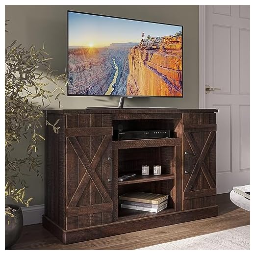 BELLEZE Industrial 47 Inch Rustic Wood TV Stand & Media Entertainment Center Console Table for TVs up to 50 Inch w/Open Storage Shelves & Cabinets - Veropeso (Espresso)