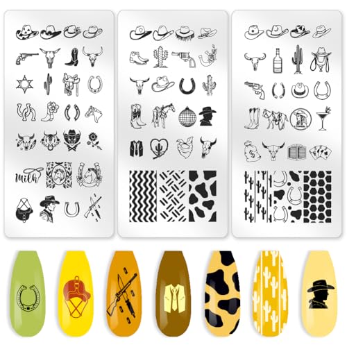 benikmake 3pcs Cowboy Nail Stamp Template Nail Printing Stainless Stencils Stamp Plates Kit for Nail Salon Western Element 6x12cm 2.36x4.7inch