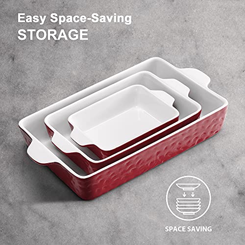 Ipow S-M-L Casserole Dish Set, Ceramic Baking Dish Set, Deep Lasagna Pan With Handles, Baking Dishes For Oven To Table, 3 Pcs Rectangular Bakeware Set For Cooking, Red #TOP2