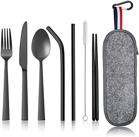 Homikit 8 Piece Camping Cutlery Set for 1, Stainless Steel Travel Utensils with Portable Case, Individual Silverware Set Includes Reusable Knife, Fork, Spoon, Straws and Chopsticks, Matte Black