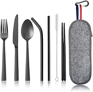 Homikit 8 Piece Camping Cutlery Set for 1, Stainless Steel Travel Utensils with Portable Case, Individual Silverware Set Includes Reusable Knife, Fork, Spoon, Straws and Chopsticks, Matte Black