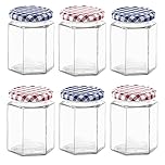 Eidoct Glass Jam Jars Set of 6, 280ml / 9oz Hexagonal Storage Glass Jars with Screw Top Red and Blue Gingham Lids, Clear Airtight Preserving Glass Jars for Marmalade, Chutney, Jam, Pickle