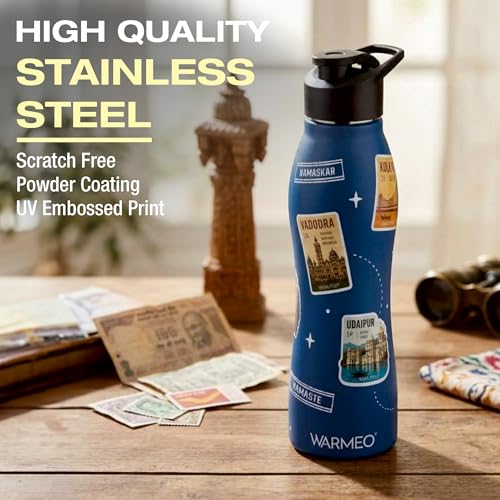 Image of WARMEO VIBE 1000 Stainless Steel Water Bottle 1000 ml | Incredible India 3D Embossed Design | Single Walled, ISI Certified I Leak Proof Lid, Rust Proof I For School, Office, Gym I Blue