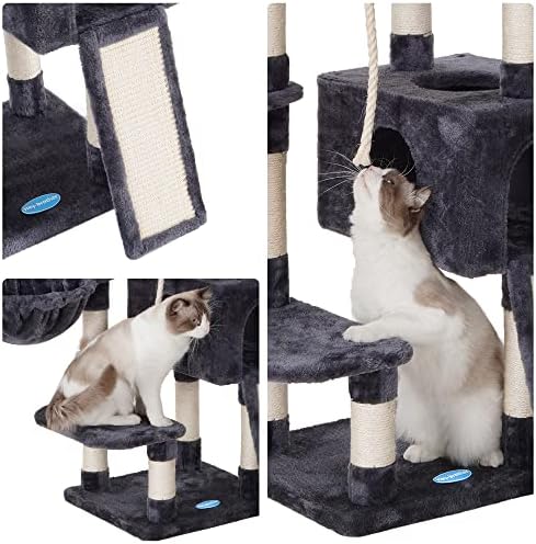 Hey-brother Cat tree with feeding bowl, Cat tower for indoor cats, Large scratching post with scratcher, hammock, XXL Cat Cave, Smoky grey EMPJ010G