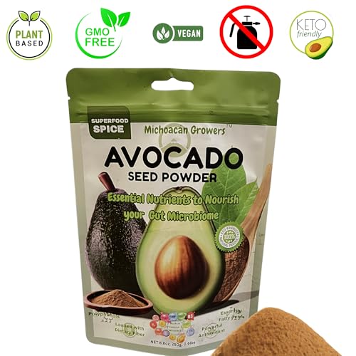 100% Organic Avocado Seed Powder – A Prebiotic Rich Superfood for Gut Health. A powerhouse of Antioxidants and Dietary Fiber. Perfect nutritient boost for teas, smoothies, and everyday meals, Keto-Friendly, Non-GMO, No Additives. 250g, 8.82oz.
