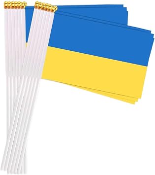25 Packs Small Ukraine Flags on Handheld Stick,Miniature Ukrainian Flag for Outside,4x6 Inch Mini Hand Held Banner with Golden Topper,Patriotic Decorations