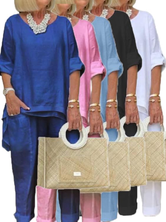 MARSVOVO Womens Plus Size Two Piece Suit Set Solid Summer Fall Soft Loose Crewneck Half Sleeve Casual Pant Suit with Pockets