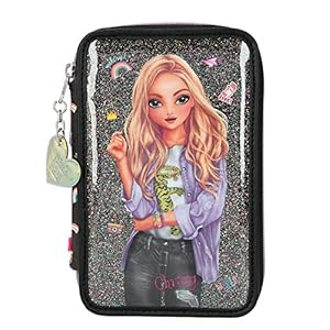 Depesche 11211 TOPModel – Gevuld 3-vaks etui in Girlz Club Design, zwarte etui ca. 7,5 x 13 x 20 cm groot, met vilt- en…