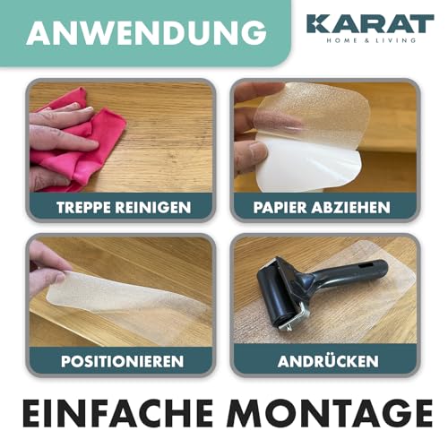 KARAT Stufenmatten transparent für Treppen -15 Stück - 60 x 10 cm, Antirutschstreifen selbstklebend inkl. Montageroller - Treppenstufen Matten für Holztreppen, Anti Rutsch Streifen Treppe (Henri)