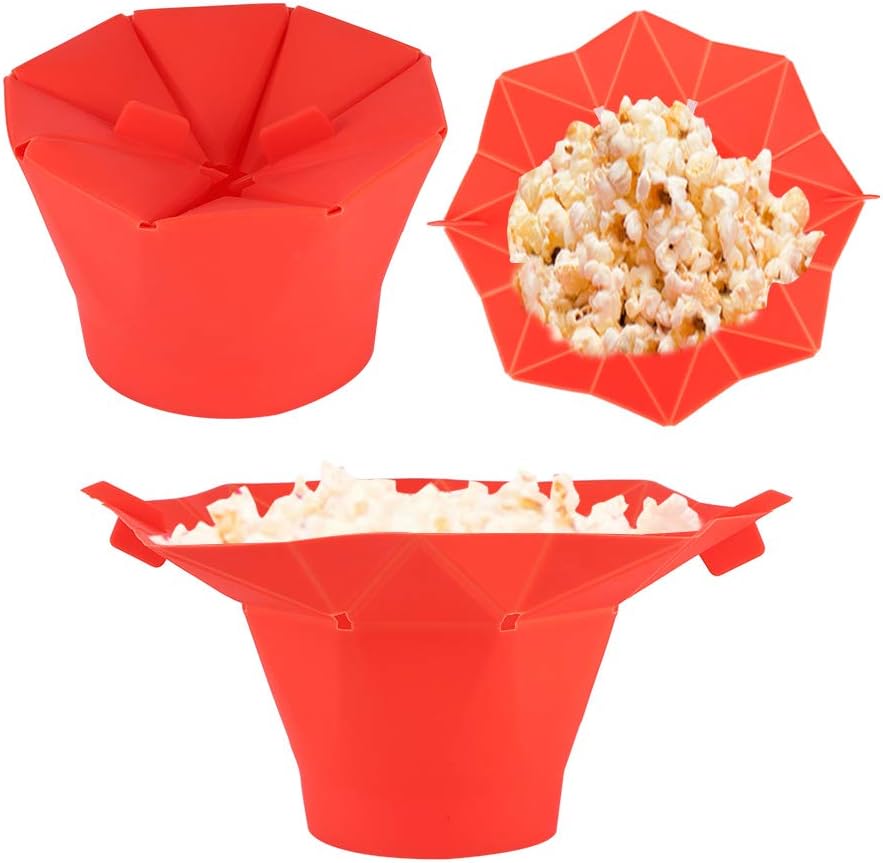 Popcorn Bowl, Popcorn Popper Red Folding Microwave Oven Popcorn Bowl DIY Silicone Popcorn Maker Machine Home Kitchen Tool for Making Popcorn